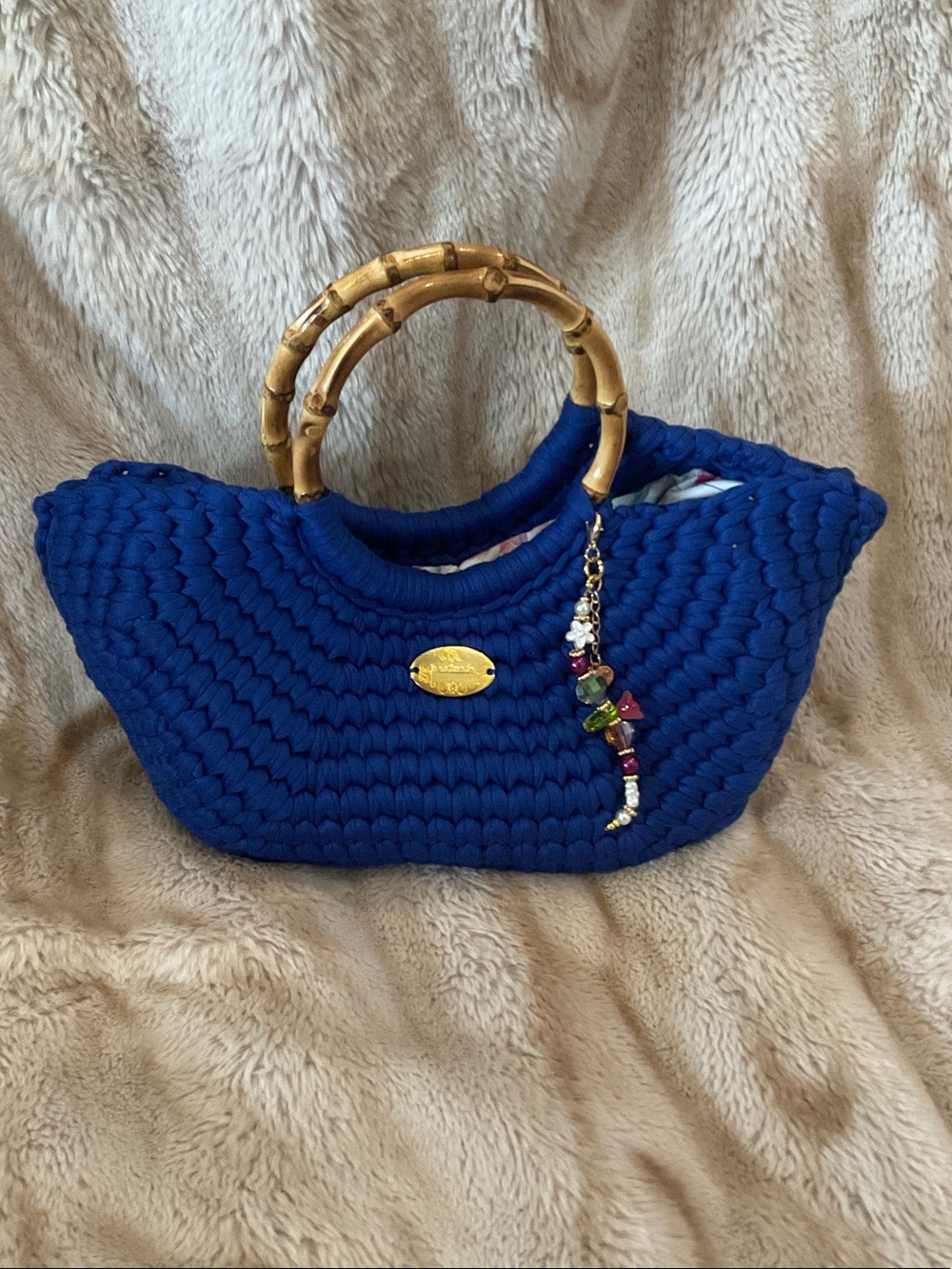 Hand Crocheted Blue Handbag with Bamboo Handles.  Handmade By Me!